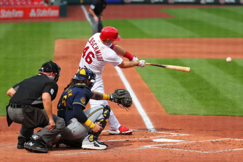 ST LOUIS, MO – SEPTEMBER 27: Paul Goldschmidt #46 of the St. Louis Cardinals drives in a run with a single against the Milwaukee Brewers in the third inning at Busch Stadium on September 27, 2020 in St Louis, Missouri. (Photo by Dilip Vishwanat/Getty Images)