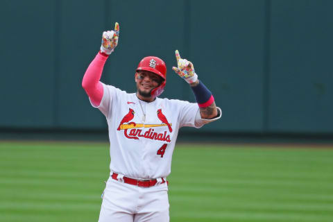 ST LOUIS, MO – MAY 09: Yadier Molina #4 of the St. Louis Cardinals celebrates after hitting a double against the Colorado Rockies in the sixth inning at Busch Stadium on May 9, 2021 in St Louis, Missouri. (Photo by Dilip Vishwanat/Getty Images)