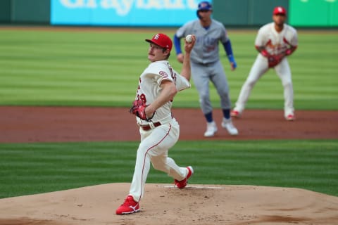 Miles Mikolas #39 of the St. Louis Cardinals of the Chicago Cubs pitches in the first inning at Busch Stadium on May 22, 2021 in St Louis, Missouri. (Photo by Dilip Vishwanat/Getty Images)