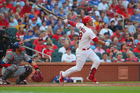 Nolan Arenado #28 of the St. Louis Cardinals hits a two-run home run against the Chicago Cubs in the third inning at Busch Stadium on July 22, 2021 in St Louis, Missouri. (Photo by Dilip Vishwanat/Getty Images)