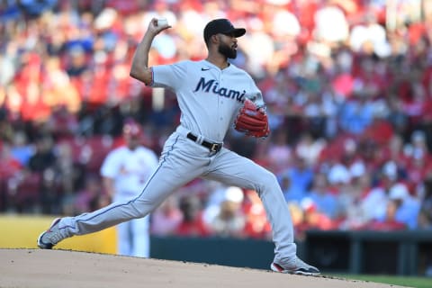 Starting pitcher Sandy Alcantara #22 of the Miami Marlins pitches in the first inning against the St. Louis Cardinals. (Photo by Michael B. Thomas/Getty Images)