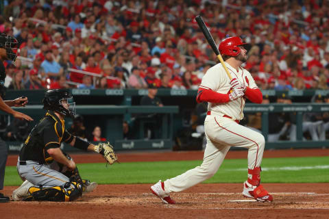 Alec Burleson #41 of the St. Louis Cardinals bats in two runs with a single against the Pittsburgh Pirates. (Photo by Dilip Vishwanat/Getty Images)