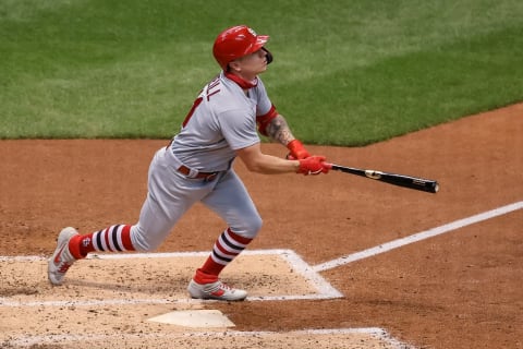 MILWAUKEE, WISCONSIN – SEPTEMBER 16: Tyler O’Neill #41 of the St. Louis Cardinals hits a sacrifice fly in the fourth inning against the Milwaukee Brewers during game one of a doubleheader at Miller Park on September 16, 2020 in Milwaukee, Wisconsin. (Photo by Dylan Buell/Getty Images)