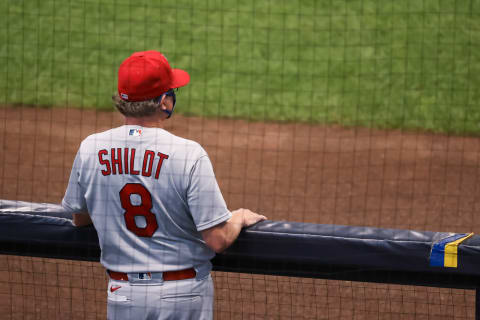 MILWAUKEE, WISCONSIN – SEPTEMBER 16: Manager Mike Shildt of the St. Louis Cardinals looks on in the third inning against the Milwaukee Brewers during game one of a doubleheader at Miller Park on September 16, 2020 in Milwaukee, Wisconsin. (Photo by Dylan Buell/Getty Images)