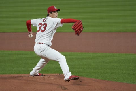 ST. LOUIS, MO – SEPTEMBER 24: Kwang Hyun Kim #33 of the St. Louis Cardinals makes a pitch during a game against the Milwaukee Brewers on September 24, 2020 at Busch Stadium in St. Louis, Missouri. (Photo by St. Louis Cardinals, LLC/Getty Images)