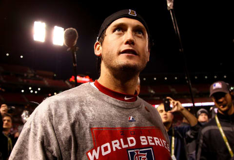 ST LOUIS, MO – OCTOBER 28: World Series MVP David Freese #23 of the St. Louis Cardinals celebrates after defeating the Texas Rangers 6-2 to win Game Seven of the MLB World Series at Busch Stadium on October 28, 2011 in St Louis, Missouri. (Photo by Dilip Vishwanat/Getty Images)