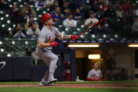 MILWAUKEE, WISCONSIN – MAY 12: Tyler O’Neill #27 of the St. Louis Cardinals hits a solo home run during the seventh inning against the Milwaukee Brewers at American Family Field on May 12, 2021 in Milwaukee, Wisconsin. (Photo by Stacy Revere/Getty Images)