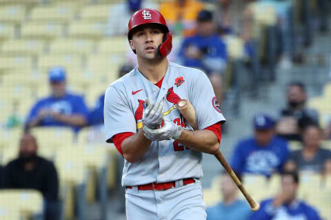 LOS ANGELES, CALIFORNIA – MAY 31: Jack Flaherty #22 of the St. Louis Cardinals at bat during the third inning against the Los Angeles Dodgers at Dodger Stadium on May 31, 2021 in Los Angeles, California. (Photo by Katelyn Mulcahy/Getty Images)