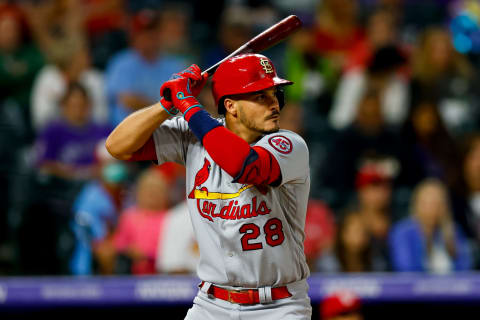 DENVER, CO – JULY 1: Nolan Arenado #28 of the St. Louis Cardinals bats during the fifth inning against the Colorado Rockies at Coors Field on July 1, 2021 in Denver, Colorado. (Photo by Justin Edmonds/Getty Images)