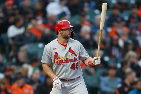 Paul Goldschmidt #46 of the St. Louis Cardinals at bat against the San Francisco Giants at Oracle Park on July 06, 2021 in San Francisco, California. (Photo by Lachlan Cunningham/Getty Images)