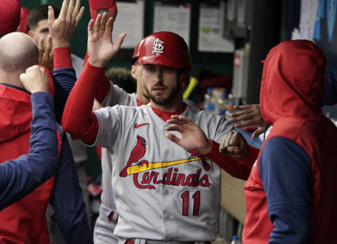 KANSAS CITY, MISSOURI – MAY 04: Paul DeJong #11 of the St. Louis Cardinals celebrates with teammates after scoring on a Nolan Arenado two-run single in the seventh inning against the Kansas City Royals at Kauffman Stadium on May 04, 2022 in Kansas City, Missouri. (Photo by Ed Zurga/Getty Images)