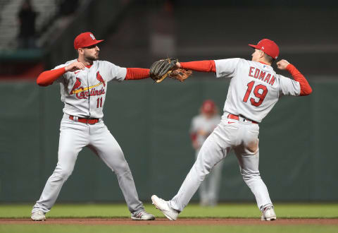 SAN FRANCISCO, CALIFORNIA – MAY 05: Paul DeJong #11 and Tommy Edman #19 of the St. Louis Cardinals celebrates defeating the San Francisco Giants 7- at Oracle Park on May 05, 2022 in San Francisco, California. (Photo by Thearon W. Henderson/Getty Images)