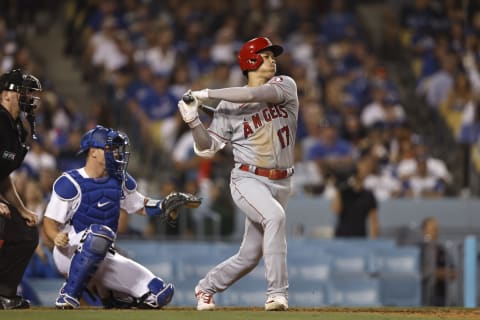 Shohei Ohtani #17 of the Los Angeles Angels at bat against the Los Angeles Dodgers. (Photo by Michael Owens/Getty Images)