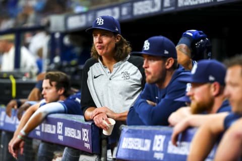 ST PETERSBURG, FL – JUNE 20: Tyler Glasnow #20 of the Tampa Bay Rays looks on from the dugout during the game between the New York Yankees and the Tampa Bay Rays at Tropicana Field on June 20, 2022 in St Petersburg, Florida. (Photo by Tyler Schank/Getty Images)