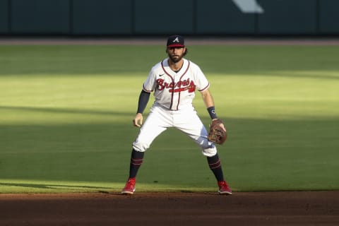 ATLANTA, GA – JULY 06: Dansby Swanson #7 of the Atlanta Braves in the field against the St. Louis Cardinals in the first inning at Truist Park on July 6, 2022 in Atlanta, Georgia. (Photo by Brett Davis/Getty Images)