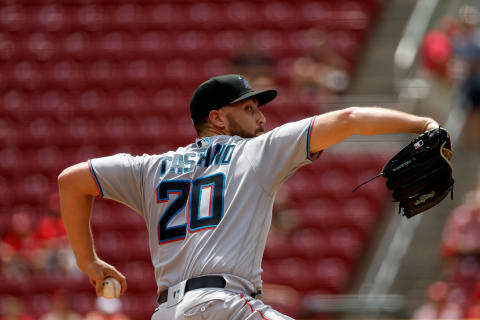 Daniel Castano #20 of the Miami Marlins pitches during the game against the Cincinnati Reds. (Photo by Kirk Irwin/Getty Images)