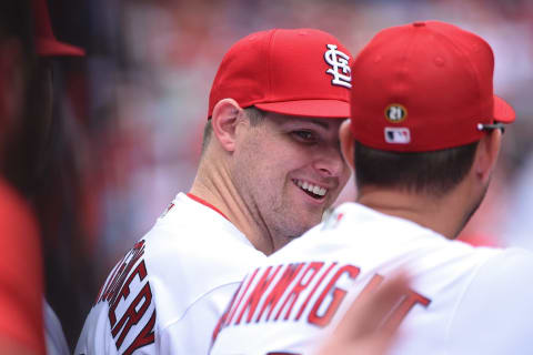 Jordan Montgomery #48 of the St. Louis Cardinals looks on from the dug out during a game. (Photo by Joe Puetz/Getty Images)