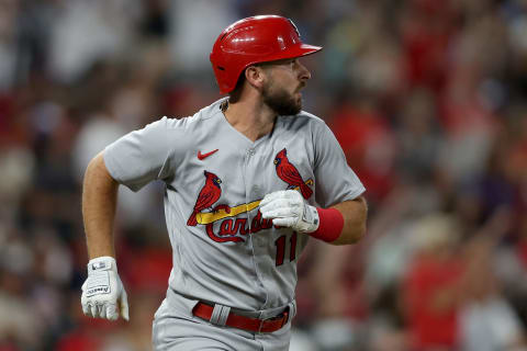 DENVER, COLORADO – AUGUST 09: Paul DeJong #11of the St Louis Cardinals circle the bases after hitting a two RBI home run against the Colorado Rockies in the fifth inning at Coors Field on August 09, 2022 in Denver, Colorado. (Photo buy Matthew Stockman/Getty Images)