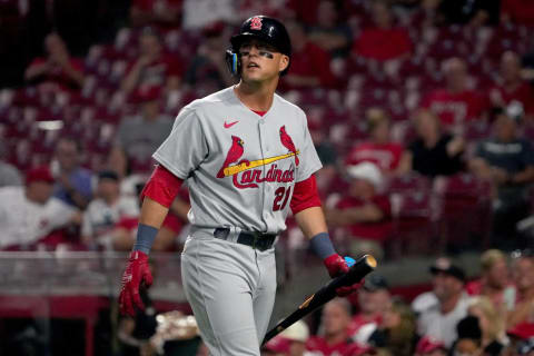 Lars Nootbaar #21 of the St. Louis Cardinals walks back to the dugout after striking out. (Photo by Dylan Buell/Getty Images)