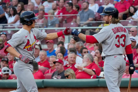 Tommy Edman #19 of the St. Louis Cardinals celebrates his solo home run with Brendan Donovan #33. (Photo by Dylan Buell/Getty Images)