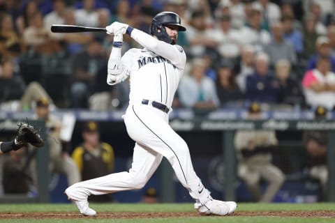 Jesse Winker #27 of the Seattle Mariners at bat. (Photo by Steph Chambers/Getty Images)