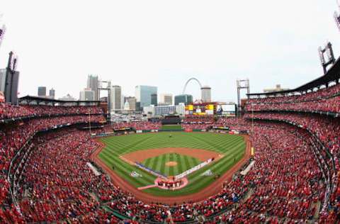 ST. LOUIS, MO – APRIL 13: A general view of Busch Stadium during the National Anthem prior to the home-opening game between the St. Louis Cardinals and the Chicago Cubs at Busch Stadium on April 13, 2012 in St. Louis, Missouri. The Cubs beat the Cardinals 9-5. (Photo by Dilip Vishwanat/Getty Images)