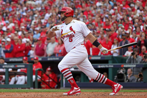 Albert Pujols #5 of the St. Louis Cardinals at bat during Game One of the NL Wild Card series against the Philadelphia Phillies. (Photo by Stacy Revere/Getty Images)