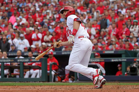 Paul Goldschmidt #46 of the St. Louis Cardinals at bat during Game One of the NL Wild Card series against the Philadelphia Phillies. (Photo by Stacy Revere/Getty Images)