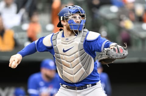 BALTIMORE, MARYLAND – OCTOBER 05: Danny Jansen #9 of the Toronto Blue Jays throws the ball to second base against the Baltimore Orioles. (Photo by G Fiume/Getty Images)