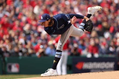 Tyler Glasnow #20 of the Tampa Bay Rays throws a pitch in the first inning against the Cleveland Guardians. (Photo by Matthew Stockman/Getty Images)