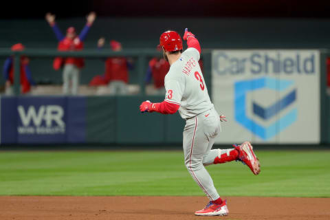 Bryce Harper #3 of the Philadelphia Phillies celebrates after hitting a solo home run against the St. Louis Cardinals.(Photo by Stacy Revere/Getty Images)