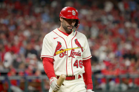 Paul Goldschmidt #46 of the St. Louis Cardinals reacts after striking out against the Philadelphia Phillies. (Photo by Stacy Revere/Getty Images)