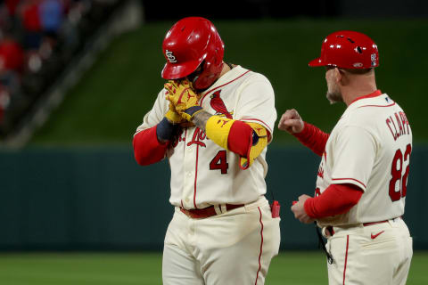 ST LOUIS, MISSOURI – OCTOBER 08: Yadier Molina #4 of the St. Louis Cardinals celebrates after hitting a single to right center field against the Philadelphia Phillies during the ninth inning in game two of the National League Wild Card Series at Busch Stadium on October 08, 2022 in St Louis, Missouri. (Photo by Stacy Revere/Getty Images)