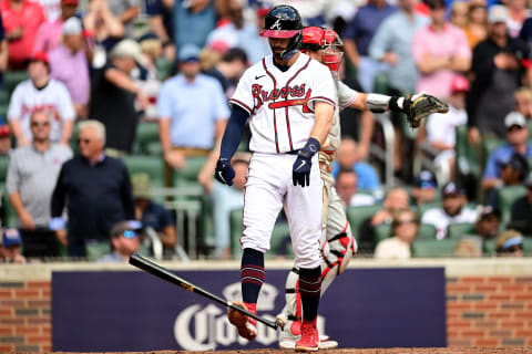 Dansby Swanson #7 of the Atlanta Braves reacts after striking out against the Philadelphia Phillies. (Photo by Adam Hagy/Getty Images)