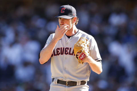 NEW YORK, NEW YORK – OCTOBER 14: Shane Bieber #57 of the Cleveland Guardians reacts during the third inning against the New York Yankees in game two of the American League Division Series at Yankee Stadium on October 14, 2022 in New York, New York. (Photo by Sarah Stier/Getty Images)