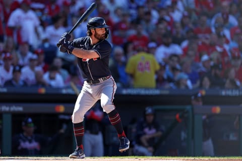 PHILADELPHIA, PENNSYLVANIA – OCTOBER 15: Dansby Swanson #7 of the Atlanta Braves at bat against the Philadelphia Phillies (Photo by Patrick Smith/Getty Images)