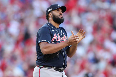 PHILADELPHIA, PENNSYLVANIA – OCTOBER 15: Kenley Jansen #74 of the Atlanta Braves reacts to a home run by Bryce Harper #3 of the Philadelphia Phillies. (Photo by Patrick Smith/Getty Images)