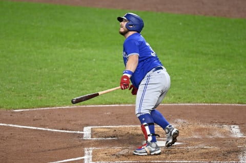 Alejandro Kirk #30 of the Toronto Blue Jays bats against the Baltimore Orioles. (Photo by G Fiume/Getty Images)