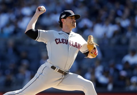 NEW YORK, NEW YORK – OCTOBER 14: (NEW YORK DAILIES OUT) Shane Bieber #57 of the Cleveland Guardians in action against the New York Yankees.  (Photo by Jim McIsaac/Getty Images)