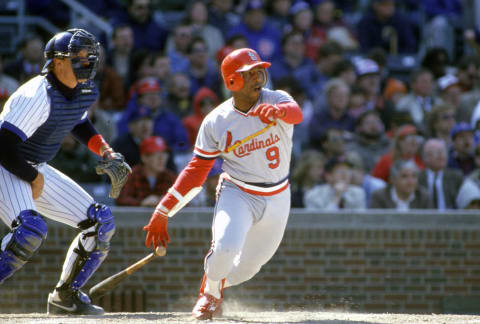 CHICAGO, IL – CIRCA 1986: Terry Pendleton #9 of the St. Louis Cardinals bats against the Chicago Cubs during an Major League Baseball game circa 1986 at Wrigley Field in Chicago, Illinois. Pendleton played for the Cardinals from 1984-90. (Photo by Focus on Sport/Getty Images)