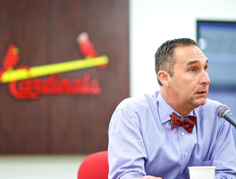 ST. LOUIS, MO – DECEMBER 3: St. Louis Cardinals General Manager John Mozeliak addresses the media at a press conference at Busch Stadium on December 3, 2014 in St. Louis Missouri. (Photo by Taka Yanagimoto/St. Louis Cardinals Archive)