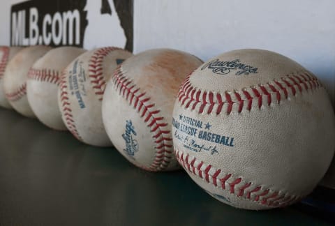 SAN FRANCISCO, CA – JULY 08: A detailed view of officials Major League Baseballs in the dugout prior to the start of the game between the Arizona Diamondbacks and San Francisco Giants at AT&T Park on July 8, 2016 in San Francisco, California. (Photo by Thearon W. Henderson/Getty Images)