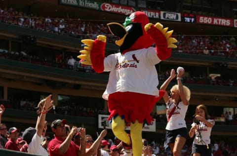 ST. LOUIS - APRIL 13: Fredbird, the mascot for the St. Louis Cardinals, tries to get the fans into the game on April 13, 2006 at the Busch Stadium in St. Louis, Missouri. The Milwaukee Brewers defeated the Cardinals 4-3 in 11 innings. (Photo by Elsa/Getty Images)