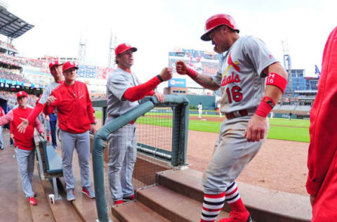 ATLANTA, GA – MAY 6: Kolten Wong #16 of the St. Louis Cardinals is congratulated by Manager Mike Matheney #22 after scoring a first inning run against the Atlanta Braves at SunTrust Park on May 6, 2017 in Atlanta, Georgia. (Photo by Scott Cunningham/Getty Images)