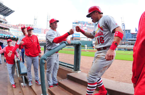 ATLANTA, GA - MAY 6: Kolten Wong #16 of the St. Louis Cardinals is congratulated by Manager Mike Matheney #22 after scoring a first inning run against the Atlanta Braves at SunTrust Park on May 6, 2017 in Atlanta, Georgia. (Photo by Scott Cunningham/Getty Images)