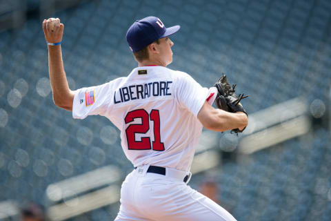 MINNEAPOLIS, MN- AUGUST 27: Matthew Liberatore #21 of the USA Baseball 18U National Team pitches against Iowa Western CC on August 27, 2017 at Target Field in Minneapolis, Minnesota. (Photo by Brace Hemmelgarn/Getty Images)