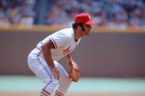 ST. LOUIS, MO – 1972: Joe Torre of the St. Louis Cardinals stands ready at third during a game of the 1972 season at Busch Stadium in St. Louis, Missouri. (Photo by St. Louis Cardinals, LLC/Getty Images)