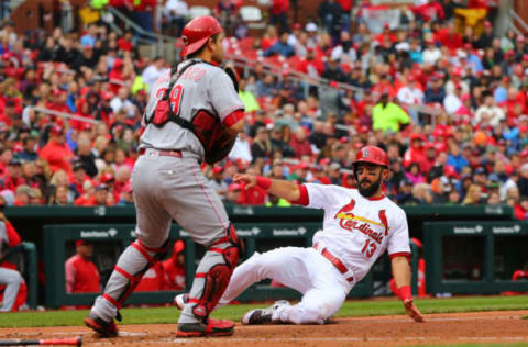 ST. LOUIS, MO – APRIL 22: Matt Carpenter #13 of the St. Louis Cardinals scores a run against the Cincinnati Reds in the third inning at Busch Stadium on April 22, 2018 in St. Louis, Missouri. (Photo by Dilip Vishwanat/Getty Images)