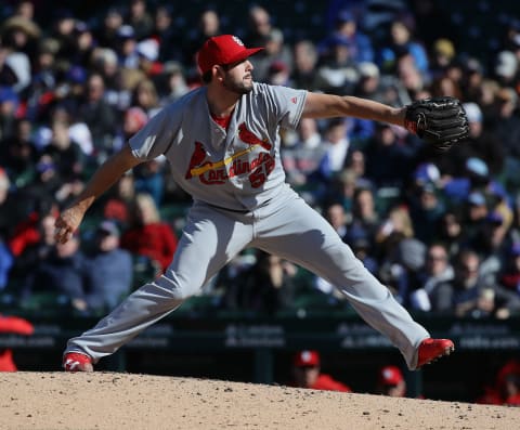 CHICAGO, IL – APRIL 19: Dominic Leone #55 of the St. Louis Cardinals pitches against the Chicago Cubs at Wrigley Field on April 19, 2018 in Chicago, Illinois. The Cubs defeated the Cardinals 8-5. (Photo by Jonathan Daniel/Getty Images)