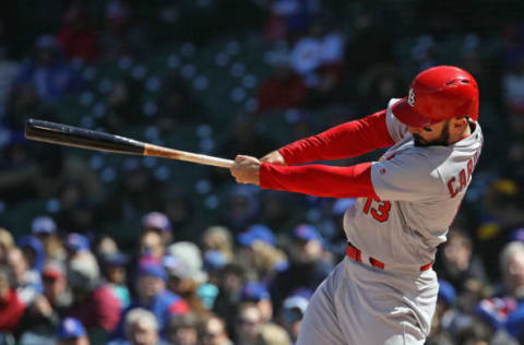 CHICAGO, IL – APRIL 19: Matt Carpenter #13 of the St. Louis Cardinals bats against the Chicago Cubsat Wrigley Field on April 19, 2018 in Chicago, Illinois. The Cubs defeated the Cardinals 8-5. (Photo by Jonathan Daniel/Getty Images)